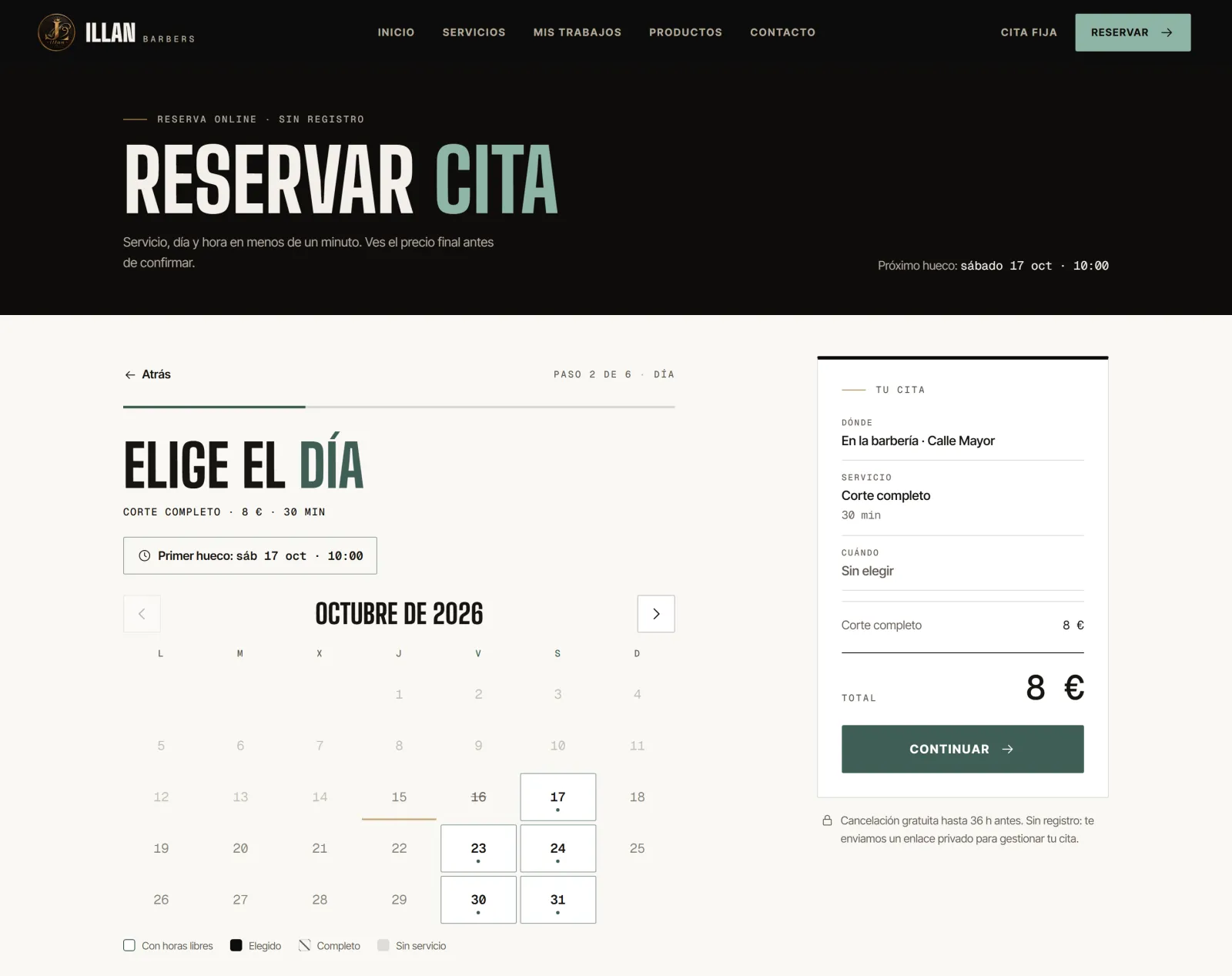 Paso de elegir el día de la reserva, con el calendario del mes y el resumen de la cita