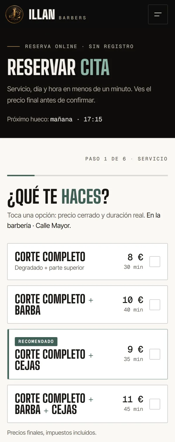 Primer paso de la reserva de ILLAN BARBERS en el móvil: elegir el servicio con su precio