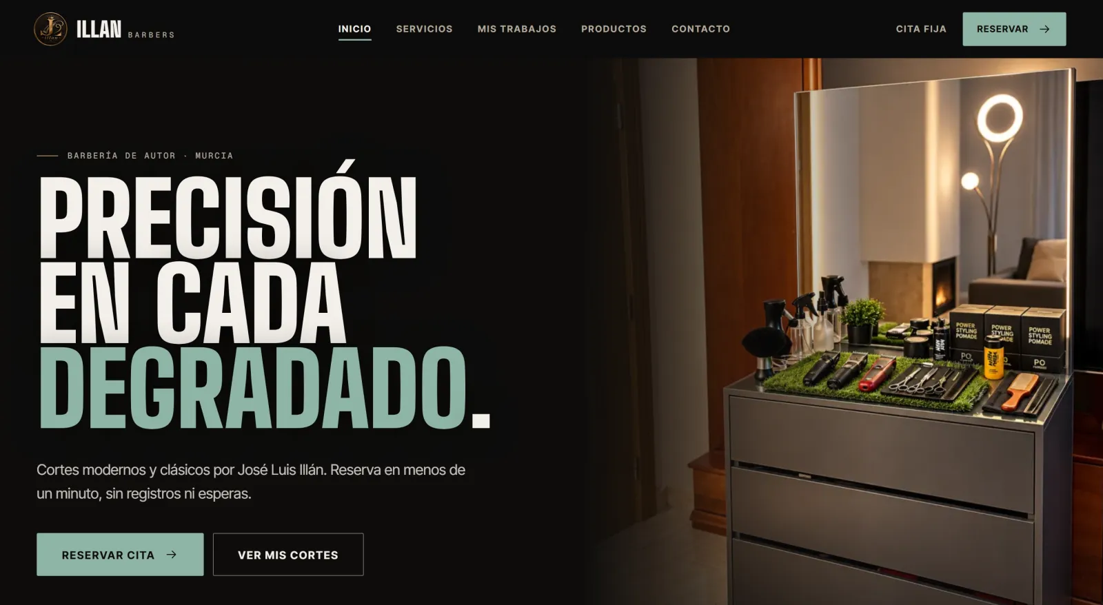 Portada de la web de ILLAN BARBERS en el ordenador: titular «Precisión en cada degradado» y botones para reservar