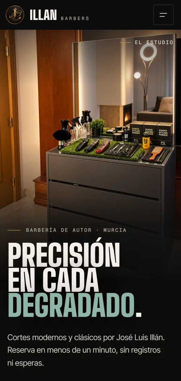 Portada de la web de ILLAN BARBERS en el móvil, con la foto del estudio