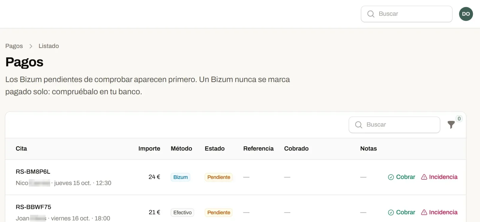 Listado de pagos del panel: importe, método (efectivo o Bizum) y estado